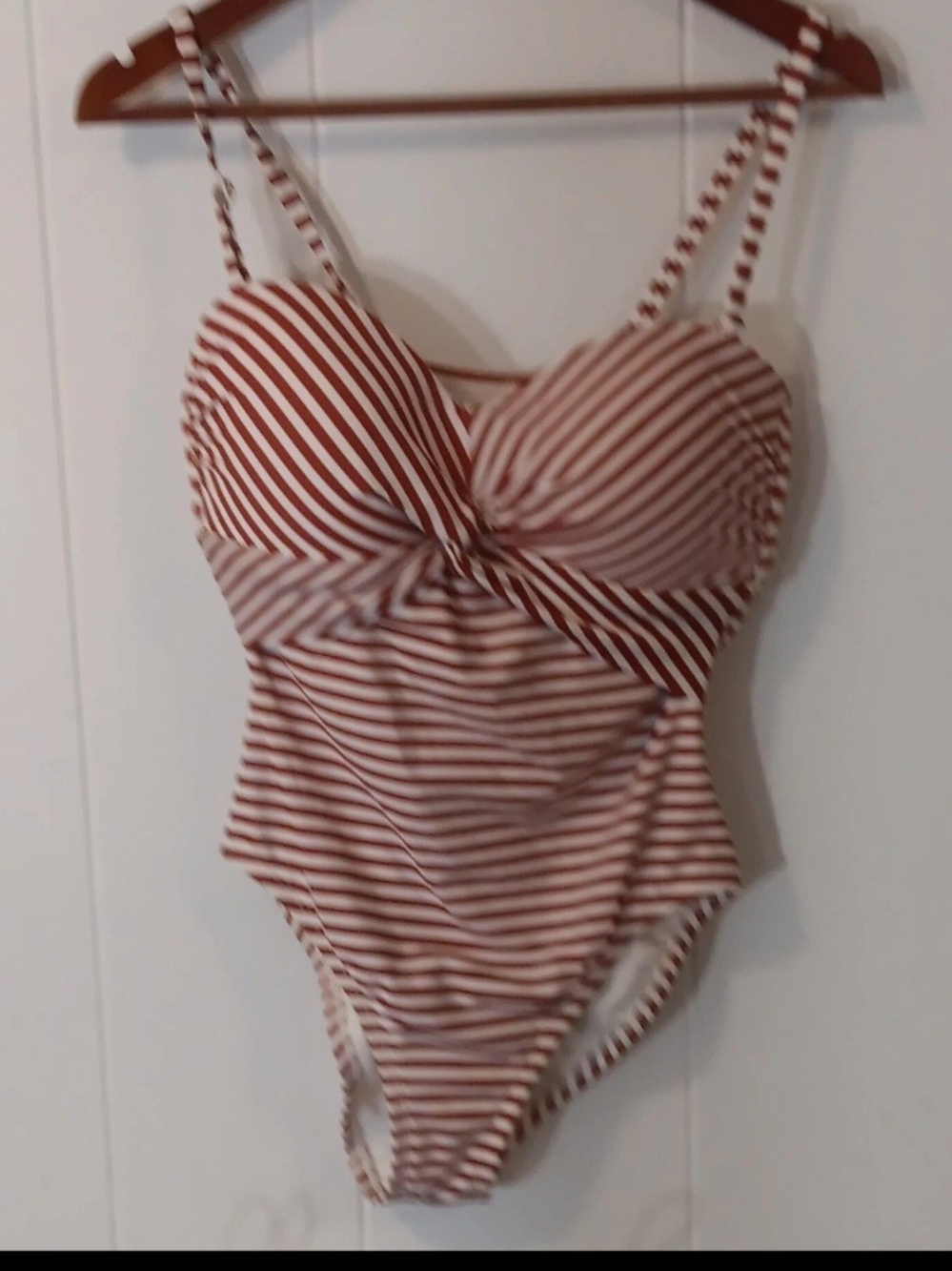 Kona Sol Red and White Striped Twist-Front One-Piece Swimsuit